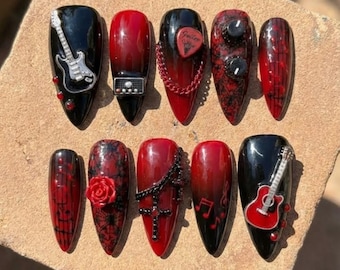 3D Rock N Roll Press On Nails, Gothic Guitar Nail Art