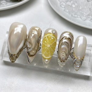 3D Realistic Oyster & Lemon Press On Nails | Unique Gourmet Foodie Iridescent Pearl Seafood Art