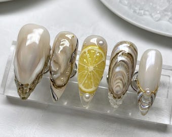 3D Realistic Oyster & Lemon Press On Nails | Unique Gourmet Foodie Iridescent Pearl Seafood Art