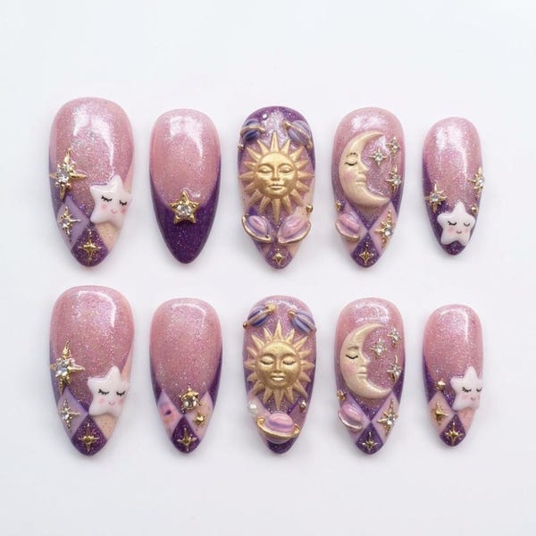 3D Celestial Sun & Moon Press On Nails | Kawaii Galaxy Purple Glitter Nails | Whimsical Planet Saturn Nails | Dreamy Fairycore False Nails