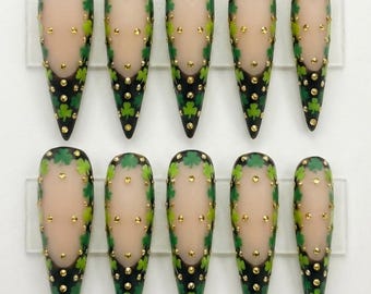 Luxe Matte St. Patrick’s Day Press On Nails | Shamrock & Gold Stud Green Clover Art