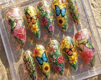 Stained Glass Hummingbird Butterfly Press On Nails, Hand-Painted Floral Nail Art