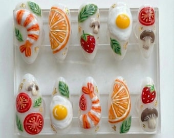 Handmade 3D Gourmet Food Press On Nails | Realistic Shrimp, Egg, Fruit & Veggie Nail Art