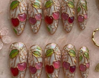 Uñas postizas de lujo con diseño Art Nouveau pintado a mano con vitrales de flor de cerezo en 3D