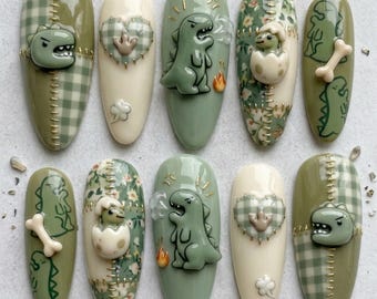 DINO PATCHWORK QUILT: 3D Hand-Painted Press On Nails | Kawaii Sage Green Dinosaur Artisan Set
