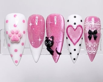 Kawaii Pink Cat-Eye Valentine Press On Nails | 3D Cat & Paw Print Coquette  Nail Art