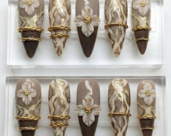 Earthy Luxe 3D Floral Press On Nails | Mocha Marble & Gold Wire Accents Nail Art
