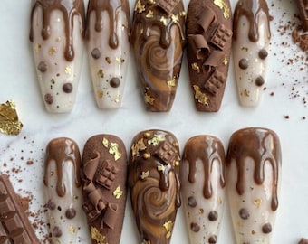 Chocolate-core Hyper-Realistic 3D Press On Nails | Chocolate Drip Gourmet Foodie Nail Art