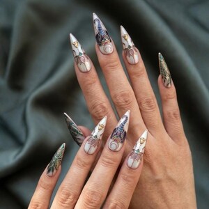 Stained Glass Elephant Lotus Press On Nails, Mystical Jewel Tones, Hand-painted Spiritual Art image 4