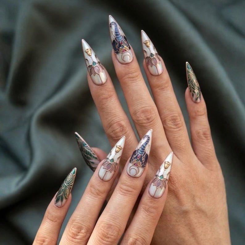 Stained Glass Elephant Lotus Press On Nails, Mystical Jewel Tones, Hand-painted Spiritual Art image 4