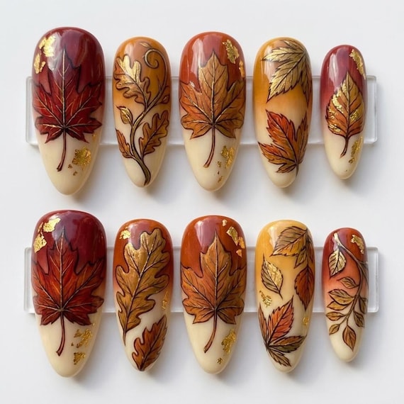 20 Fall Nail Ideas With Leaves, Plaid and Cozy Colors 4 Sculpted Autumn Leaves