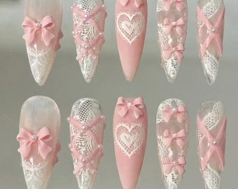 Handmade Pink Bow Press On Nails – 3D Lace Corset Design
