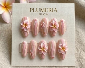 Handgeformte 3D Plumeria-Nägel, rosa Marmor-tropische Blumenkunst, luxuriöse wiederverwendbare künstliche Nägel