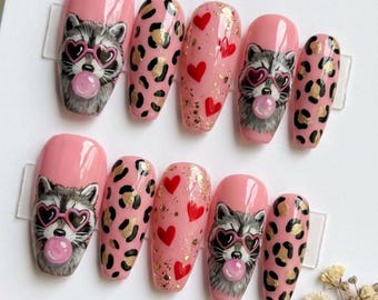 Hand-Painted Raccoon Press On Nails, Pink Leopard Heart Nail Art
