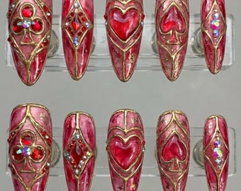 Luxury Queen of Hearts Stained Glass Press On Nails | Red Marble Royalcore Heart Art