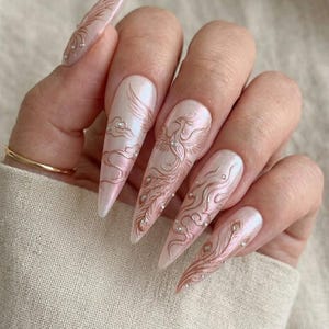 Hand-Painted Phoenix Press On Nails | Rose Gold & Iridescent Pearl Mythical Bird Art image 3