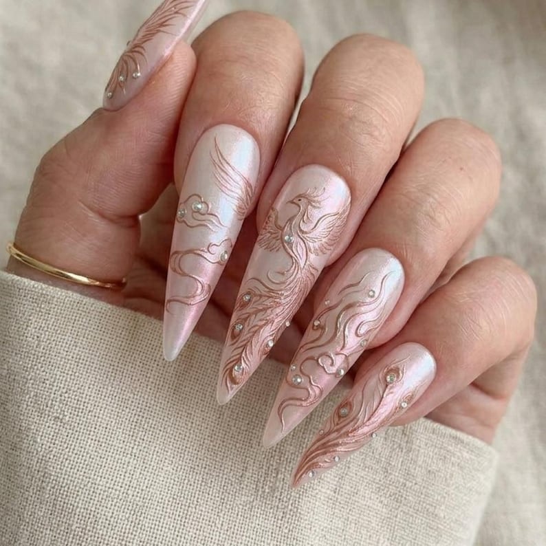 Hand-Painted Phoenix Press On Nails | Rose Gold & Iridescent Pearl Mythical Bird Art image 3