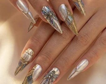 Luxury Stiletto Press On Nails, Chrome Silver Gold, 3D Dragonfly Art
