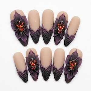 3D Dark Purple Floral Press On Nails | Matte Moody Lily & Ruby Jewel Art | Gothic Avant-Garde Luxury Nails | Handmade Statement Fake Nails