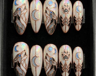 Stained Glass Wolf Press On Nails, Iridescent Moon, Handpainted Luxury Celestial Nails