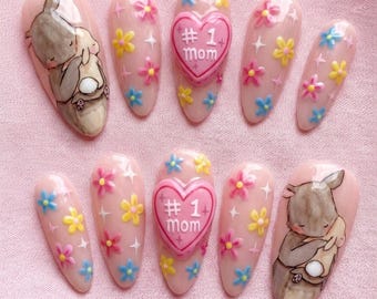 Somebunny Loves You #1 Mom Bunny Press On Nails | Hand Painted Rabbit Mother's Day Gift