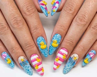 Quietscheentchen, Poolparty, Drücken Sie auf die Nägel | 3D Sommer Urlaub Nailart