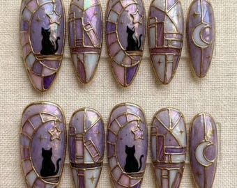 Hand Painted Press On Nails, Black Cat Stained Glass, Celestial Library False Nails