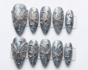 3D Silver Butterfly Press On Nails | Blue Marble Star Celestial Nails | Y2K Cybercore Luxury False Nails | Gothic Ethereal Stiletto Art