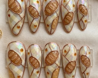 Morning Bake Stained Glass Bread Press On Nails | Iridescent Gingham Plaid & Baguette Design