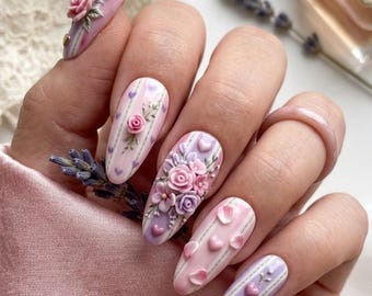 3D Pink Rose Lavender Nails | Striped Shabby Chic Bridal False Nails