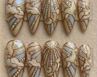 Bridal Stained Glass Press On Nails | 3D Gold Sun, Cloud Art