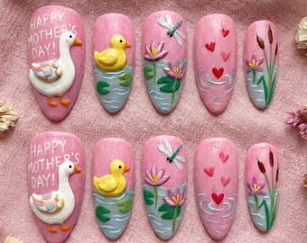 Mama Goose - Happy Mother's Day Press On Nails | Hand Painted 3D Cottagecore Spring Pond
