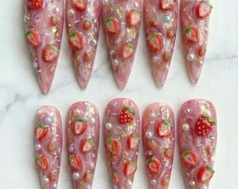 Milky Nuance Marbling Strawberry Dream Press On Nails | Pink Marble & Pearl Botanical Art