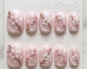 3D Sakura Press On Nails | Pink Shimmer Cherry Blossom Office Friendly Art