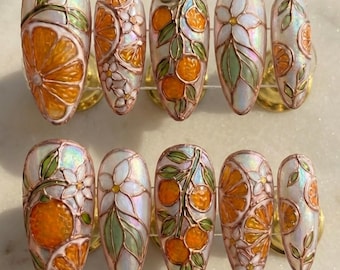 Luxury Stained Glass Citrus Press On Nails | 3D Art Nouveau Orange Blossom Design