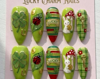Luxury St. Patrick’s Day Press On Nails | 3D Kawaii Ladybug, Lucky Bunny, Clover Art