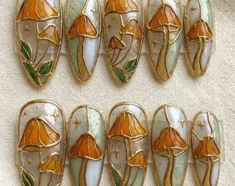 Hand Painted Mushroom Press On Nails, Stained Glass Gold Detail