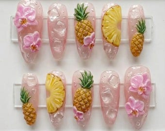 Tropical Orchid & Pineapple Ice Drink 3D Press-On Nails | Realistic Exotic Cocktail Art
