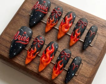 3D Flame Press On Nails | Aries Zodiac, Bow Accent