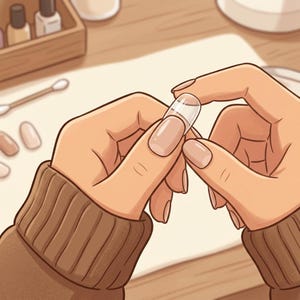 May include: Illustration of a person applying a clear acrylic nail extension. The hands are holding the extension, with other nails painted a light pink. A wooden box with nail polish bottles and a cotton swab are in the background.
