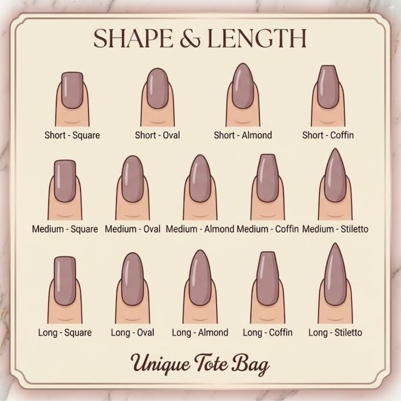 Puede incluir: Un gr&aacute;fico beige que ilustra formas y longitudes de u&ntilde;as, incluyendo opciones cortas, medianas y largas. La imagen muestra estilos cuadrados, ovalados, almendrados, ata&uacute;d y stiletto. El texto en la parte superior dice "SHAPE & LENGTH" y en la parte inferior "Unique Tote Bag."