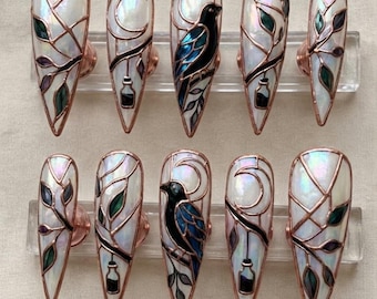 Gothic Raven Stained Glass Press On Nails | Rose Gold 3D Art