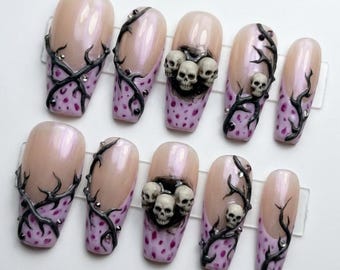 Gothic Skull Press On Nails | 3D Black Thorns, Lavender French Tip, Iridescent Pearl
