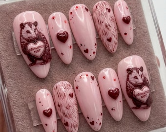 Anti-Valentine Possum Press On Nails, 3D Heart Luxury Gel, Reusable