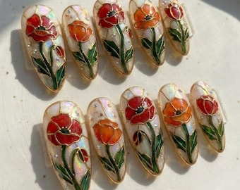 Stained Glass Poppy Press On Nails, 3D Gold Mosaic Floral Art