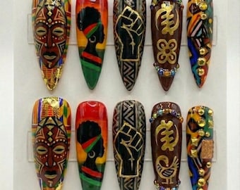 Luxury Black History Month Press On Nails | 3D Adinkra & Black Pride Melanin Magic Art