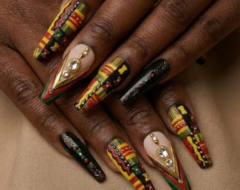 Pan-African Tribal Black Pride Press On Nails | Black History Month BHM Nail Art