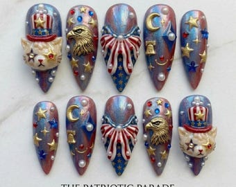 3D Patriotic Parade Press On Nails | Uncle Sam Cat, Eagle, Stars & Stripes 4th July