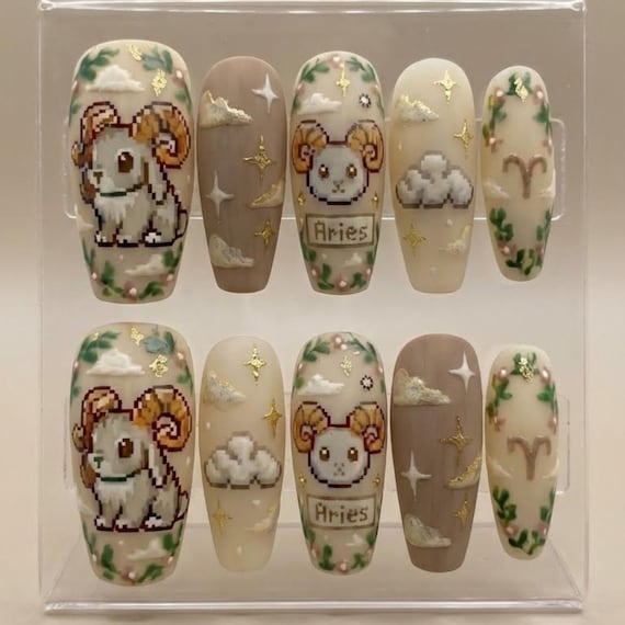 Handmade Kawaii Aries Press On Nails | 3D Pixel Art Astrology