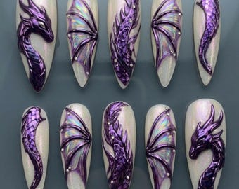 3D Mythical Purple Dragon Press On Nails | Iridescent Pearl Fantasy Wing & Scale Art